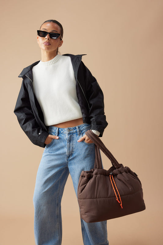Scrunch Base Puffer Tote | Chocolate/Orange