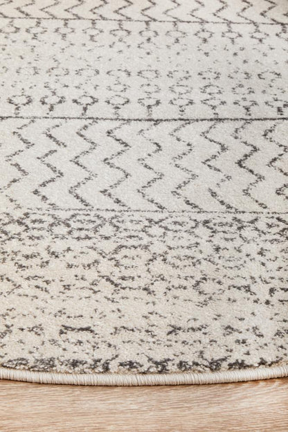 Monochrome Tribal Silver Round Rug